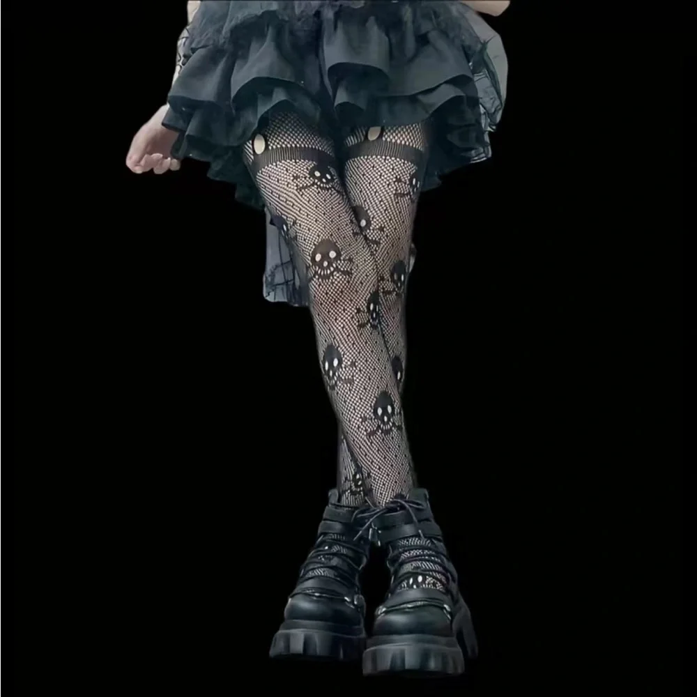 Skull Pattern Black Fishnet Tights, Halloween Hollow Out High Waist Mesh Pantyho